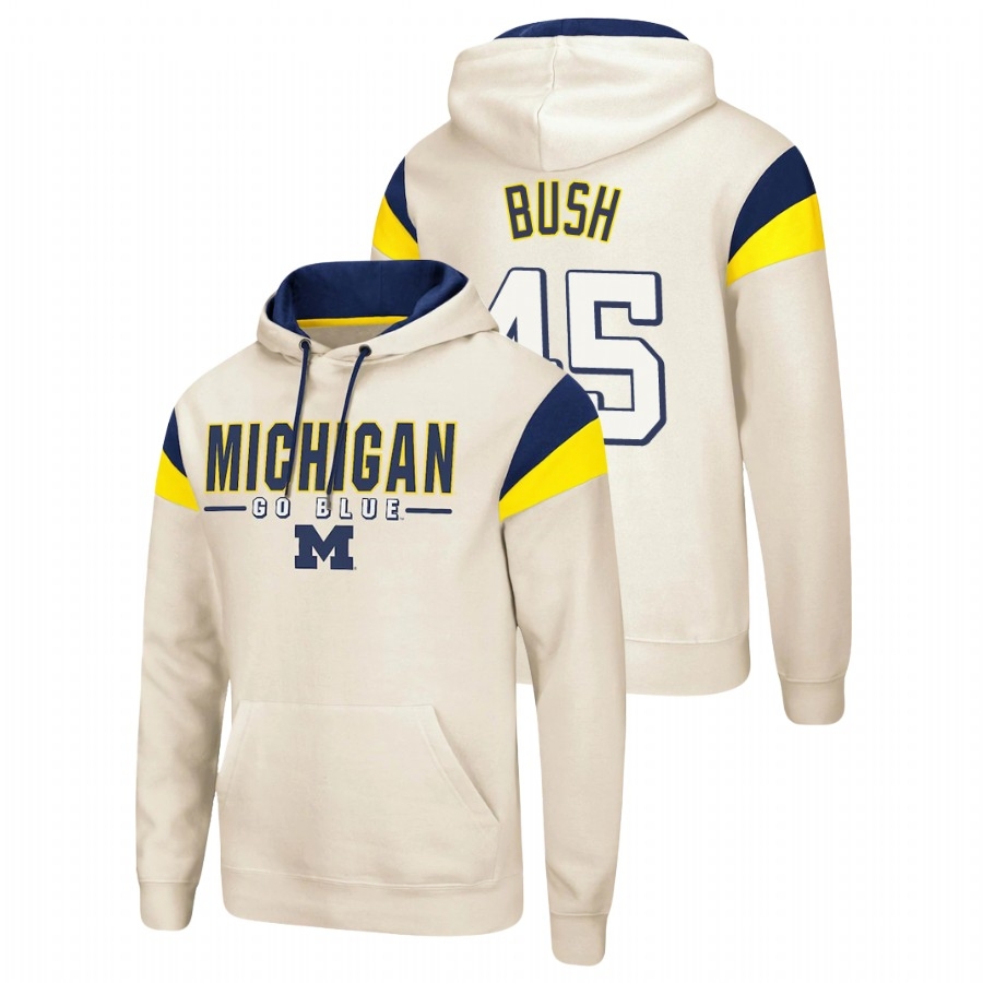 Michigan Wolverines Men's NCAA Peter Bush #45 Cream Fortress Pullover College Football Hoodie QBP6249DH